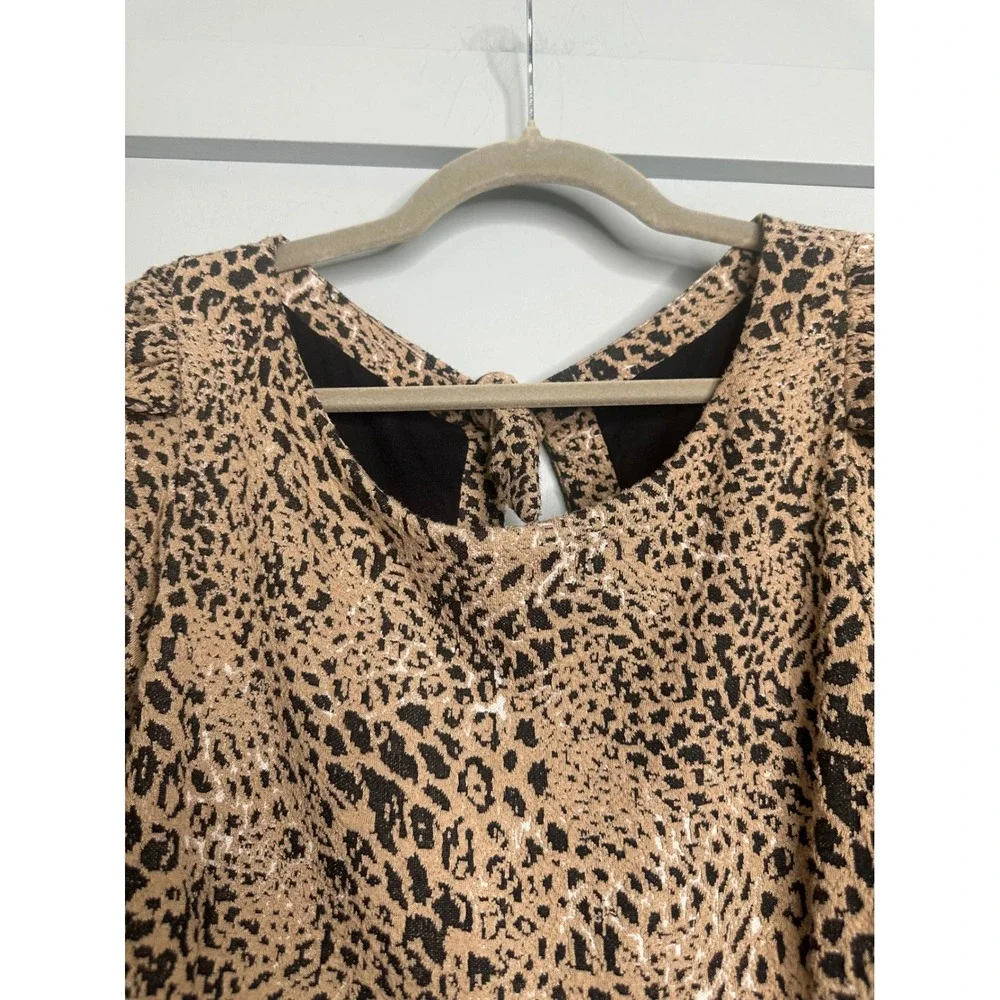 Maeve Anthropologie Leopard Print Puff Sleeve Cutout Back Dress Tan Black Sz 16
